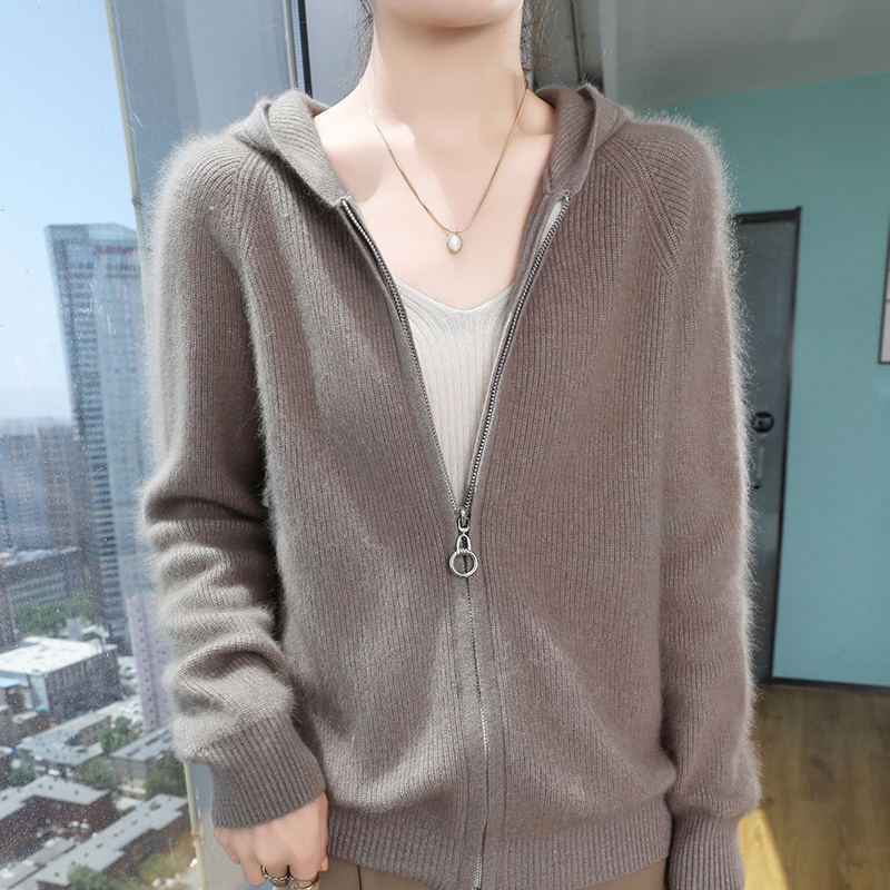 100 % reiner Nerz-Kaschmir-Strickjacke mit Reißverschluss, Damen-Strickmantel mit Kapuze, Kapuzenpullover, lässige, lockere Jacke, Winter, lange Ärmel, verdickte Oberteile: M / CAMEL