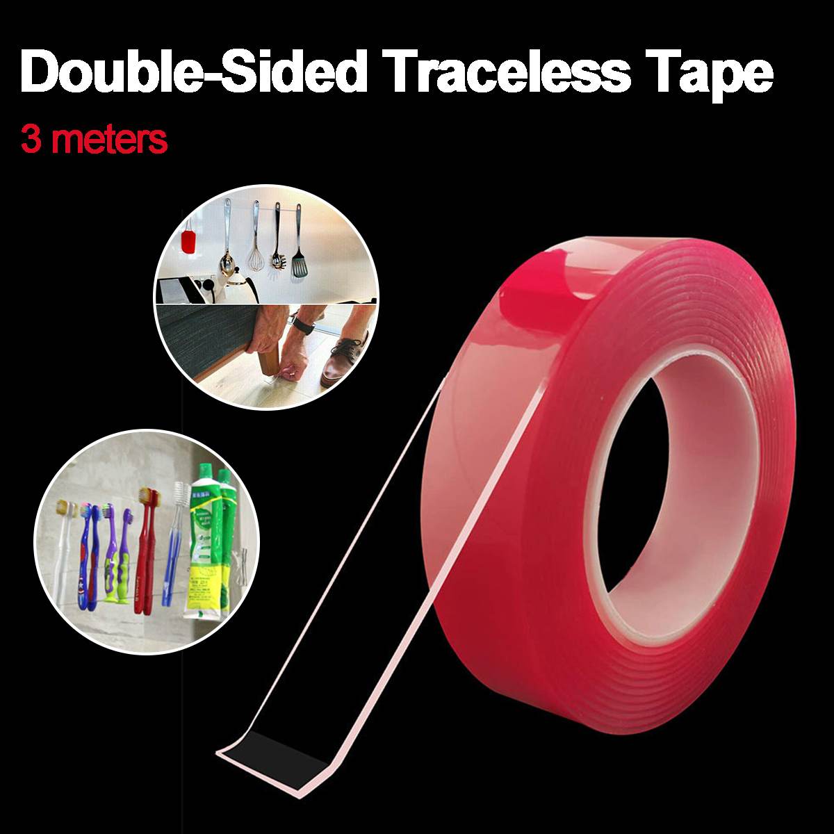 3 meter Herbruikbare Dubbelzijdige Tape Adhesive Heavy Duty Lijm Loop Transparant Traceless Tape Clear Wasbare Verwijderen Sticker