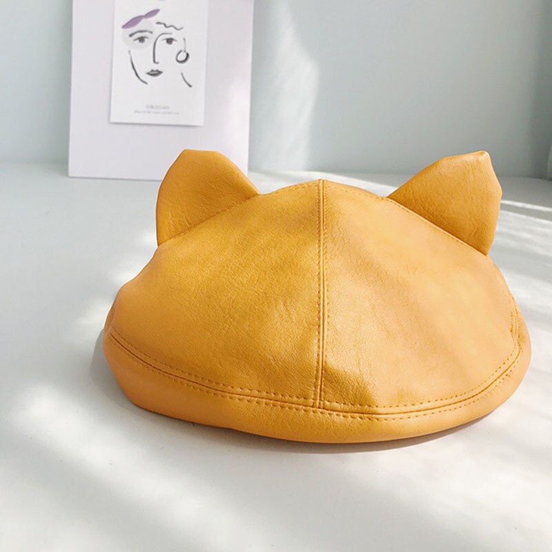 ¡Novedad de ! boina bonita femenina de lana con orejas de gato de cuero PU, gorro de pintor a la adecuado para chica dulce BLM32: Dorado