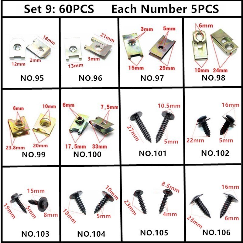 Til toyota tacoma mirai mark auto push-in skrue clips ekspansion plug-in snap nitte fastgørelse sæt 5mm 6mm 7mm 8mm 9mm 10mm hul: 60 stk blandet sæt 9