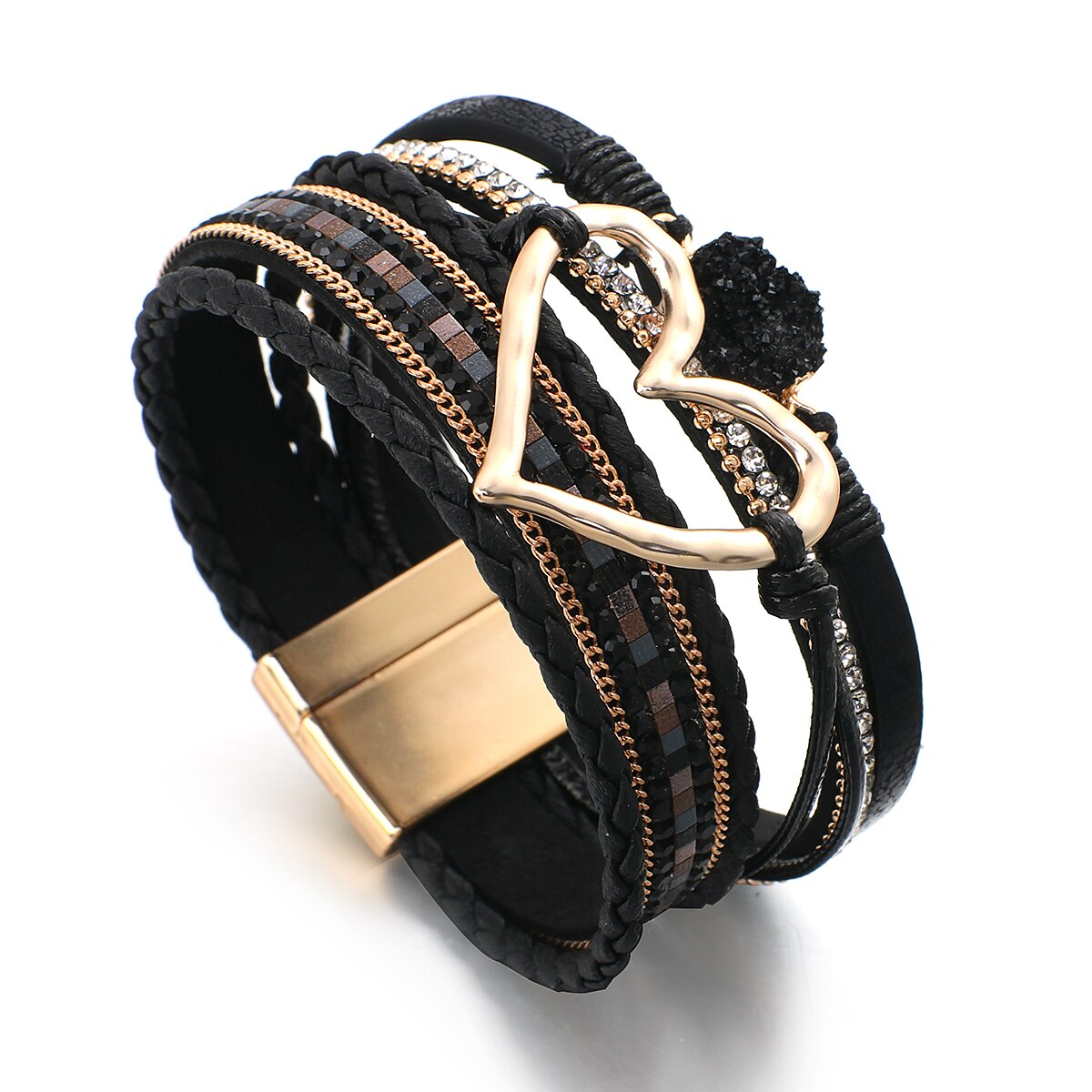ALLYES braccialetti in pelle con ciondolo a forma di cuore in metallo per donna moda bohemien con strass in resina bracciale avvolgente bracciale coppia gioielli