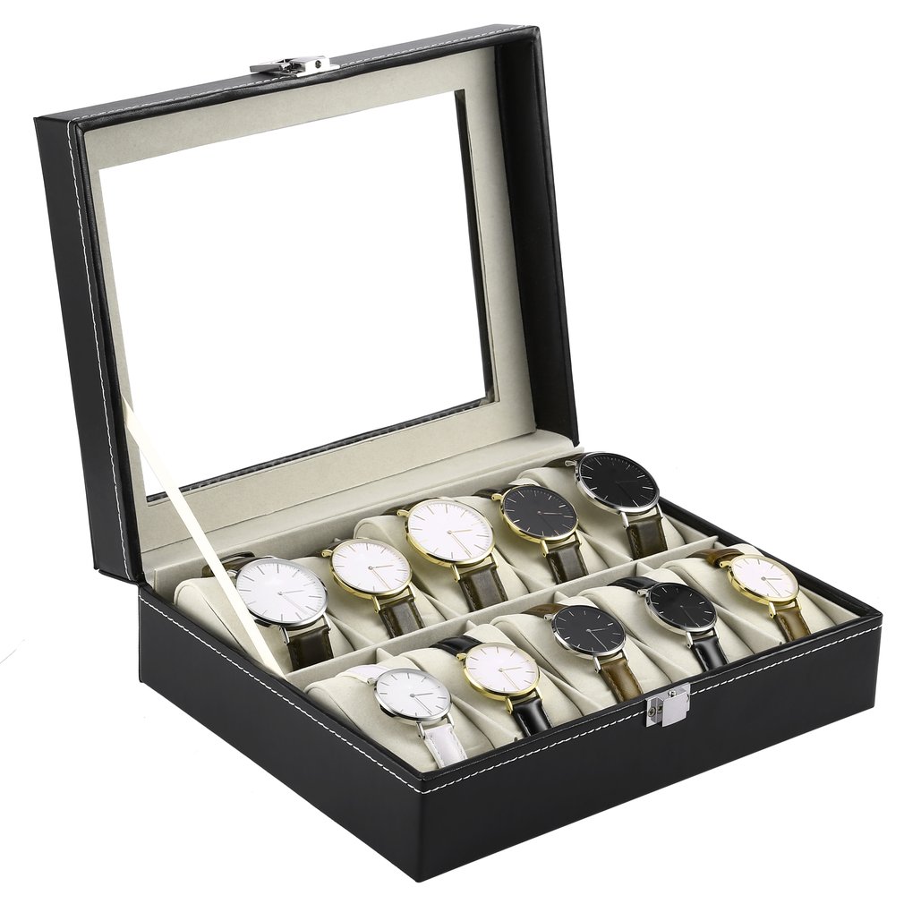 10 Slots Pu Leer Zwart Horloge Box Case Sieraden Display Organizer Houder Verpakking Collection Kist Caja De Voor Mannen