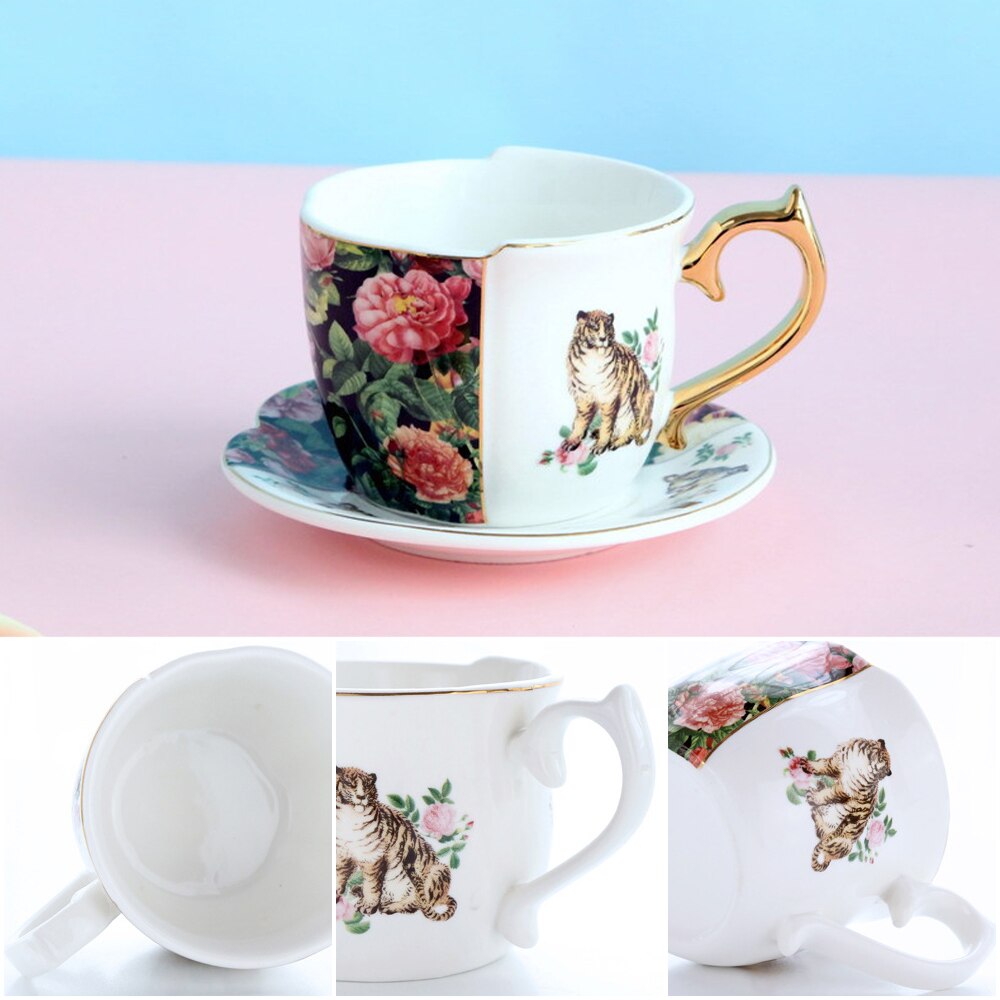 retro arabskie filiżanki robić kawy ceramika kubki spodki popołudniowe TeaSet Espresso filiżanka kawy asymetryczna róża i grafika z tygrysem porcelanowe kubki