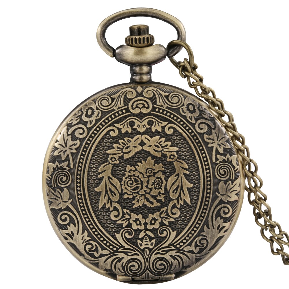 Reloj de bolsillo de cuarzo con grabado Floral antiguo para hombre y mujer, colgante de cadena fina con números arábigos, Estilo Vintage: Bronze