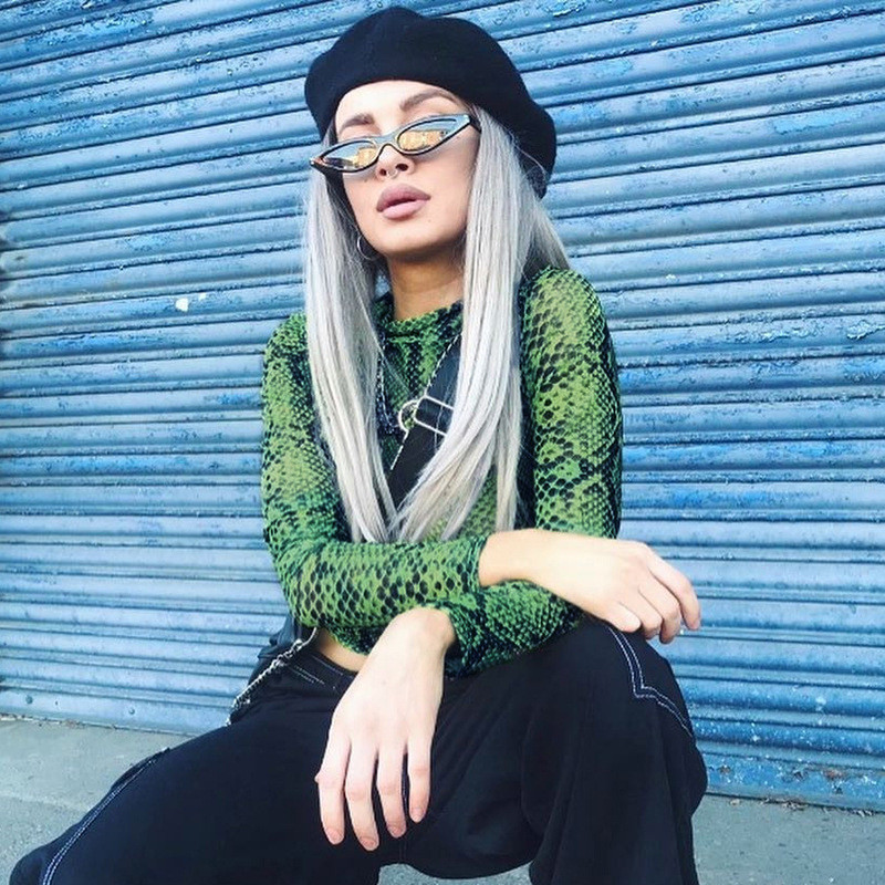 Pull transparent à mailles avec manches longues et col haut pour femme, t-shirt vert décontracté à motif de serpent imprimé