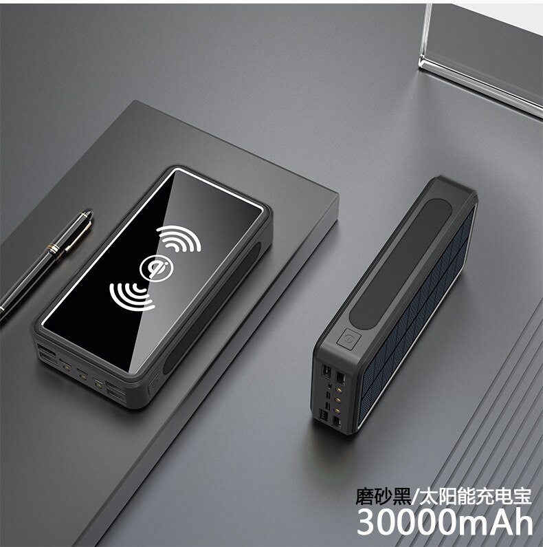 30000 mah solbatteripakke trådløs powerbank led let powerbank bærbar 4 usb mobiltelefon oplader til telefon: Sort