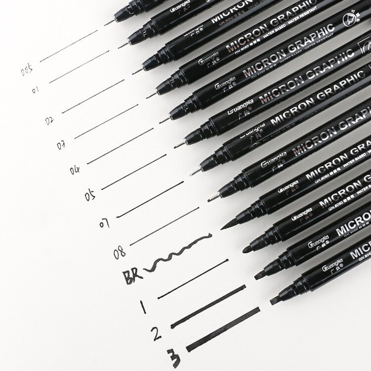 12 størrelser sort pigma micron pen vandtæt håndtegnet skitse nålepen hånd dawing liner fineliner tegneserie signatur pen