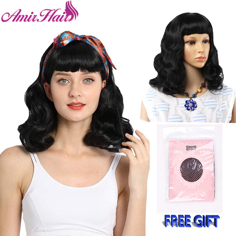 Amir Body Wave Synthetic Wigs With Bangs Medium Length Bob Hairstyle Cosplay Wigs For White/Black Women Heat Resistant Fiber: #1B