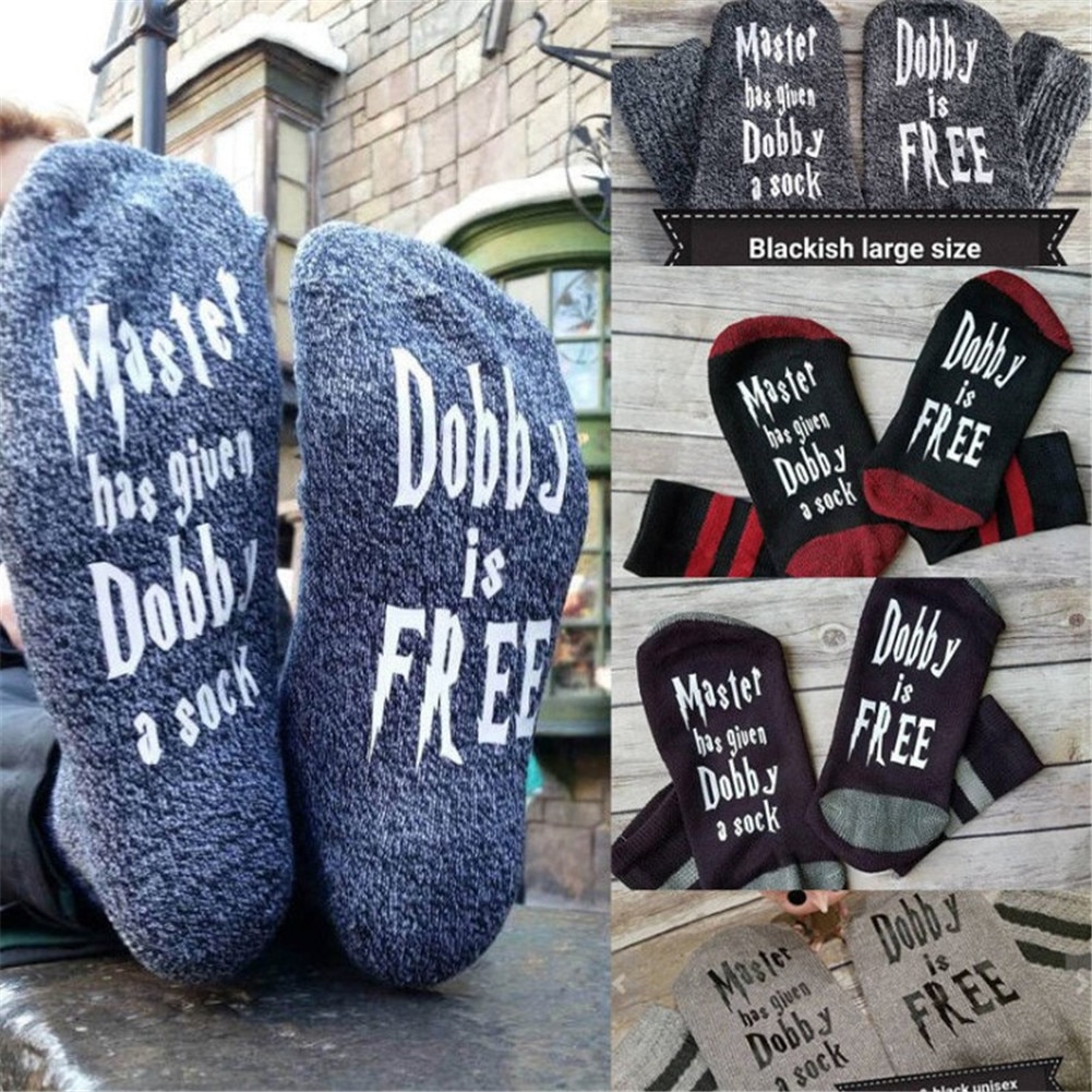 Chaussettes en coton drôle maître A donné Dobby une chaussette Dobby est gratuit hommes chaussettes grand pour les amateurs de jeu chaussettes imprimées de mots humoristiques