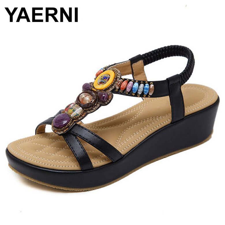 YAERNI-sandales d'été pour femmes, style bohémien, chaussures d'été à talon incliné, perlées, grande taille 35-42, chaussures d'été: Black / 6
