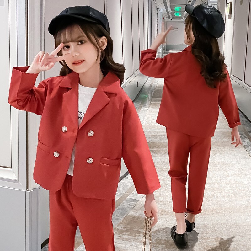 Herfst Koreaanse Meisjes Double Breasted Pak Set Kinderen Blazer Broek 2 Stuks Kleding Set Kids Party Show Kostuum