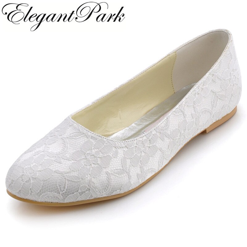 Blanco marfil mujer boda zapatos planos punta cerrada comodidad bailarina Ballets Slip On Lace novia zapatos para mujer EP11106