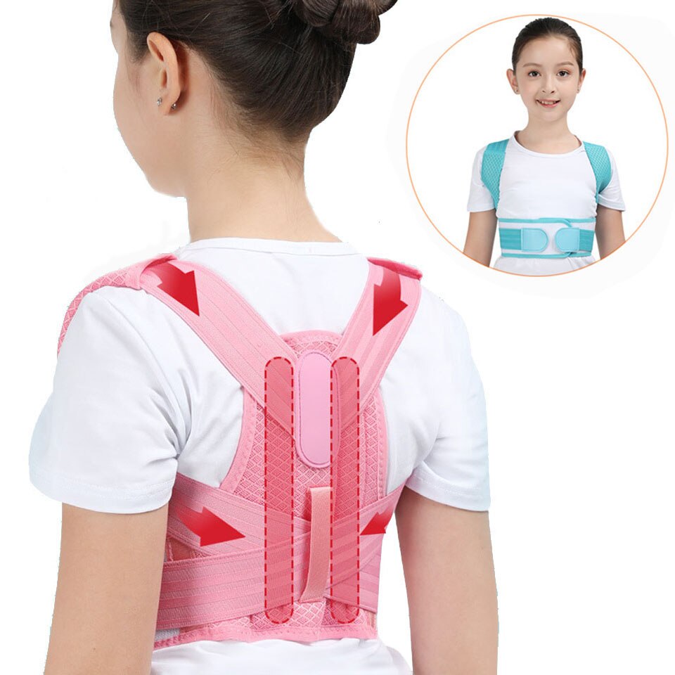 Justerbar børns kropsholdningskorrigerer rygstøttebælte børn ortopædisk korset til børn rygsøjlen tilbage lænd skulderbøjler sundhed: Lyserød / L