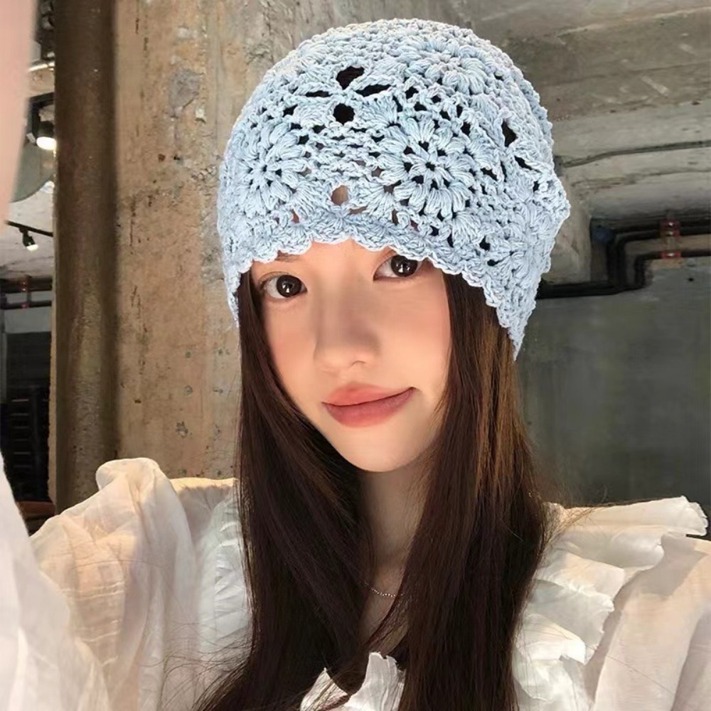 Bohemian Style Crochet Flower Knitted Hat Thin Korean Lace Woven Cap Handmade Apparel Accessories Hollowed Out Beanie Cap Casual: black