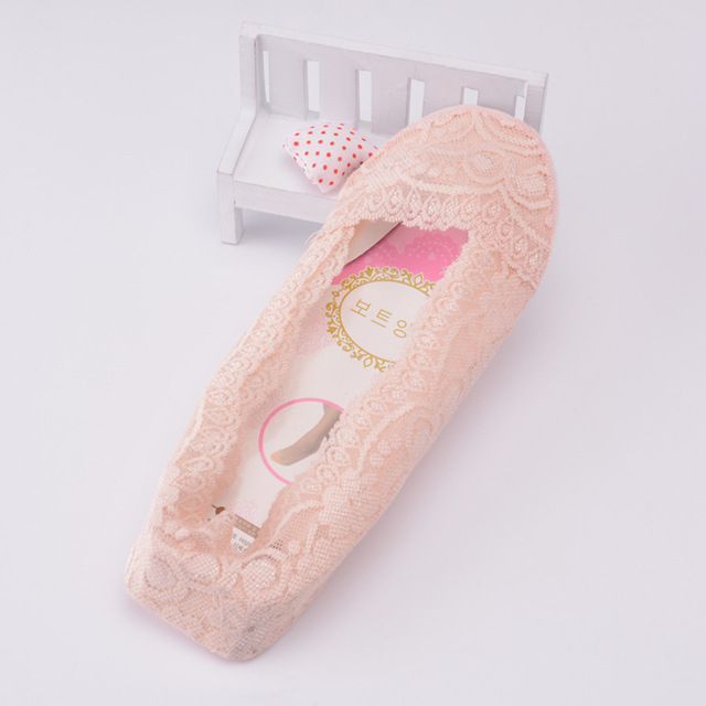 5 Ladies Summer Thin Sock Slippers Silicone Antiskid Ice Silk Socks Seamless Invisible Women Boat Socks Invisible Sock Slippers: 5 pink-lace