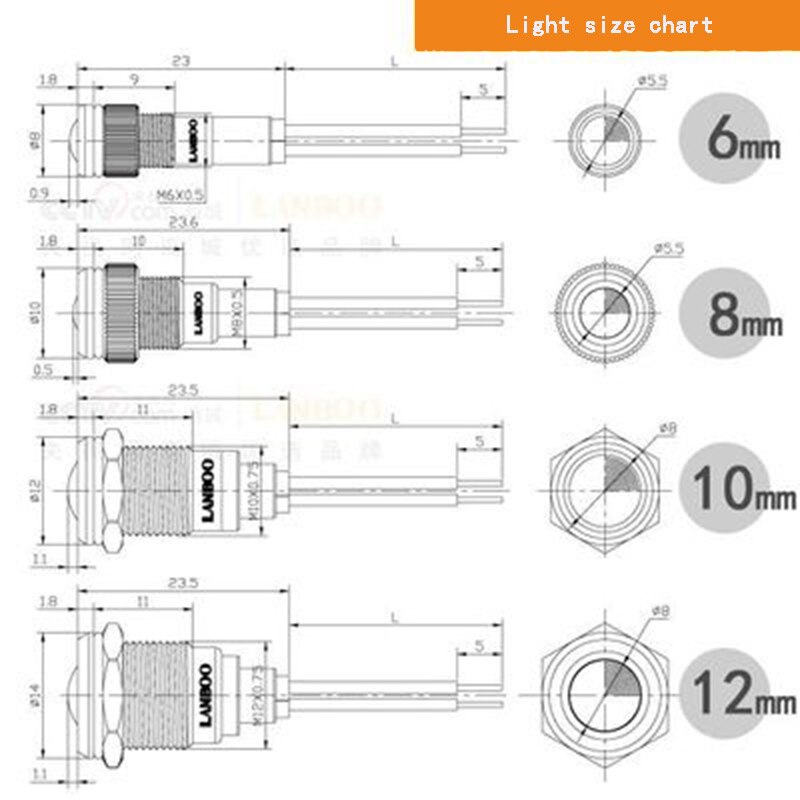 LB 12mm Metal Indication light waterproof Signal lamp 5V 6V 12 24V 220v with wire and LED indicator lights Signal light colorful