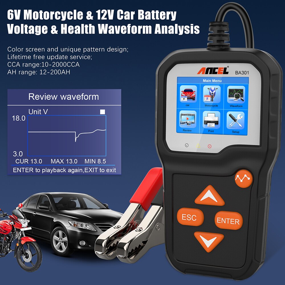 ANCEL BA301 – testeur et analyseur de batterie de voiture, outils de Test de Circuit pour voiture/moto, 6V, 12V