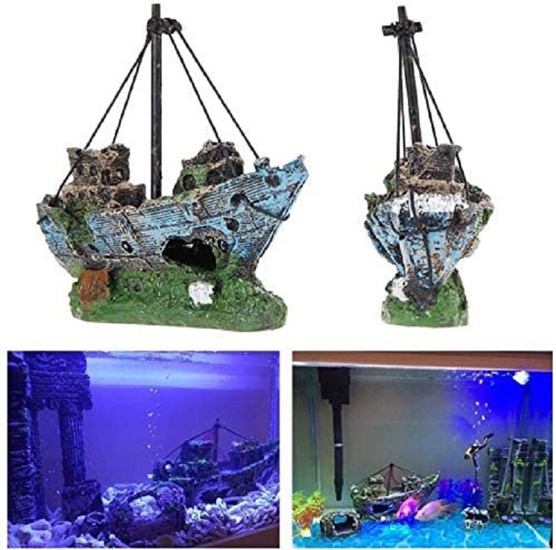 Artificial Plastic Resin Fishing Boat Aquarium Ornament Plastic Decoration Sunken Pirate Ship Theme Aquarium Decoration