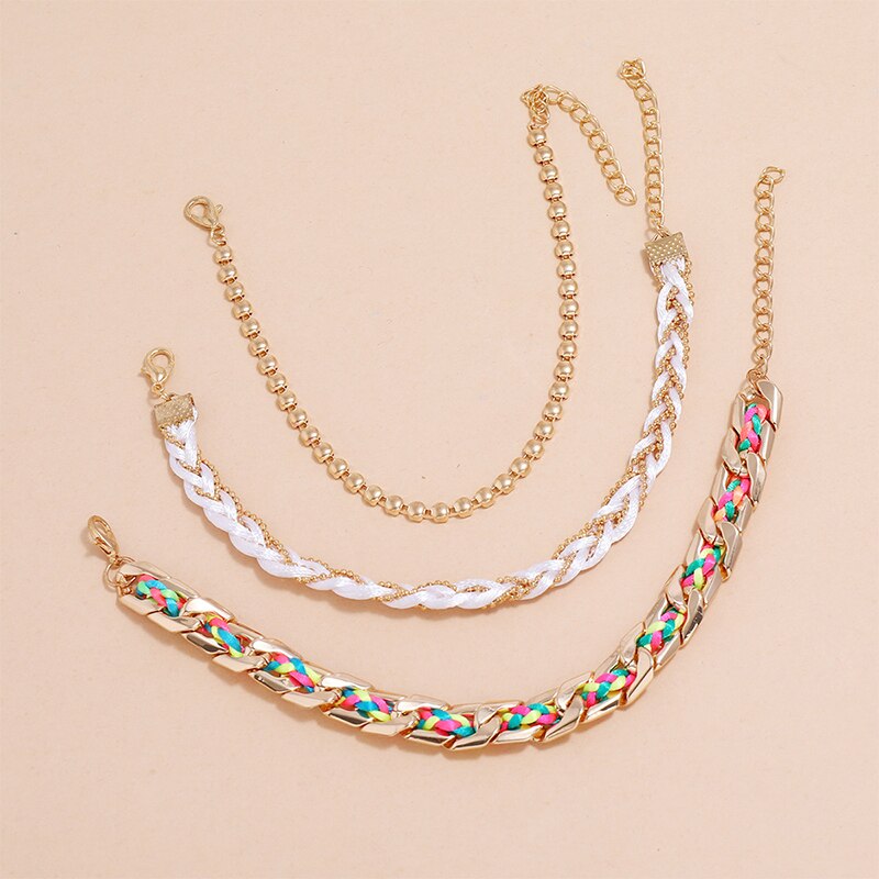 3 Pcs/Set Women Colorful Braided Leather Anklets Set By Chain Gold Bead Multilayer Adjustable Anklet for Women Beach Jewelry