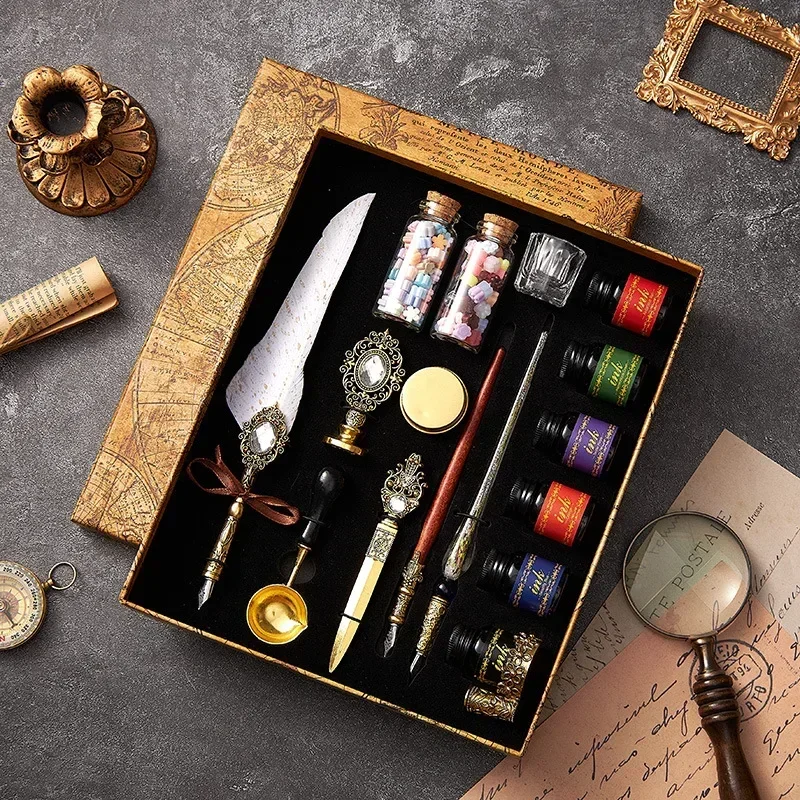 European Style Quill Pens Set with Ink Retro Dipping Quill Pen Lacquer Seal Student Dip Pencil Feather Pen: WHITE