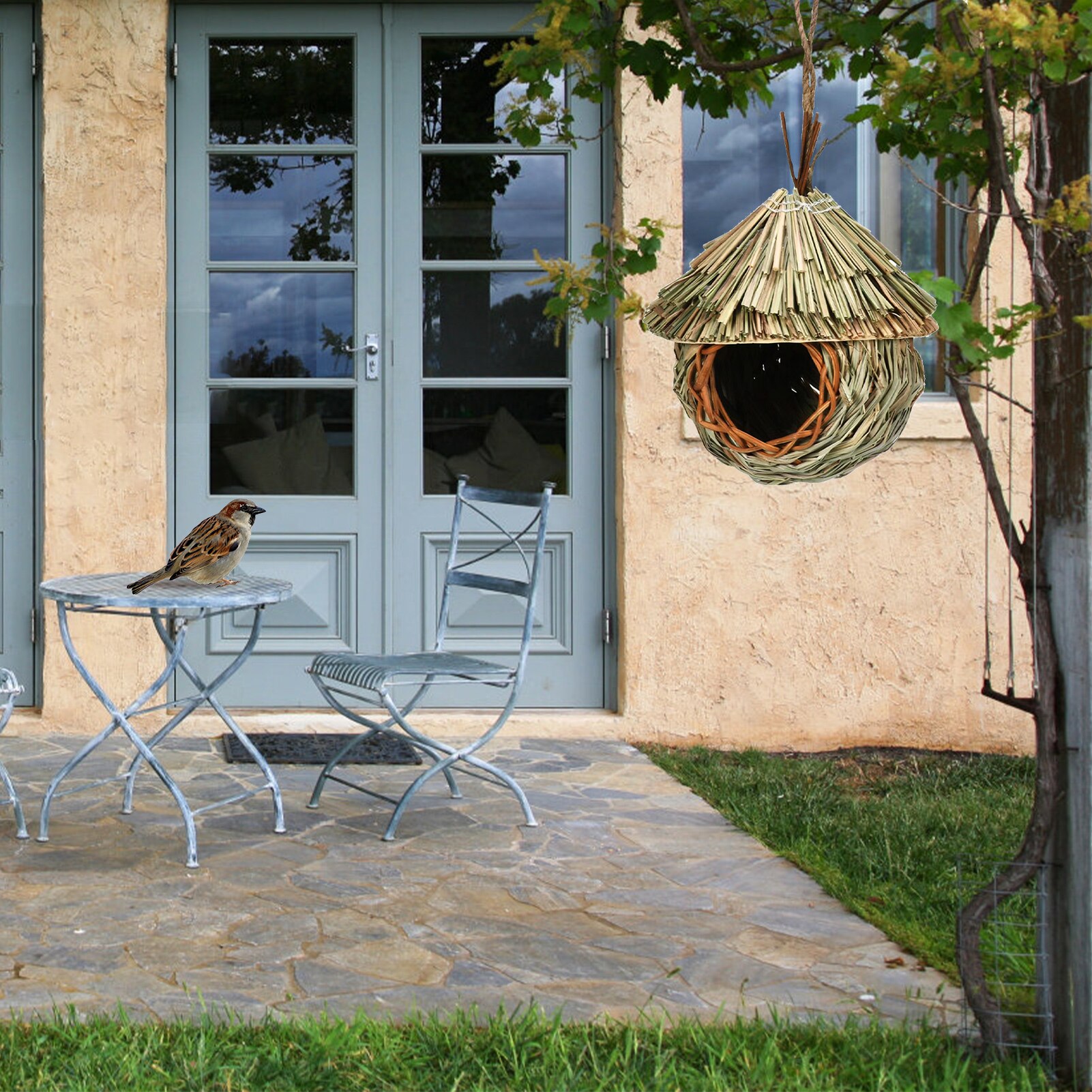 Outdoor Hummingbird House Hand Woven Straw Rope Bird Nest Outdoor Bird Nest Hideaway Roosting Pockets For Butterfly Finch Canary