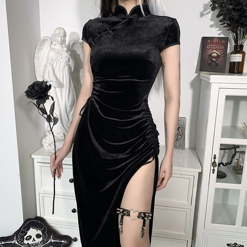 Gothic Jurk Voor Vrouwen Chinese Cheongsam Dark Stijl Vintage Fluwelen Rokken Stand Kraag Cheongsam Slanke Hoge Split Sexy Qipao