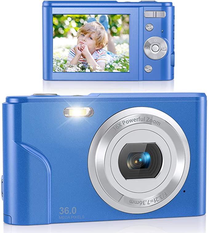 Digital Camera 36.0MP Vlogging Camera 16X Digital Zoom LCD Screen Compact Portable Mini Cameras for Students, Teens,: blue