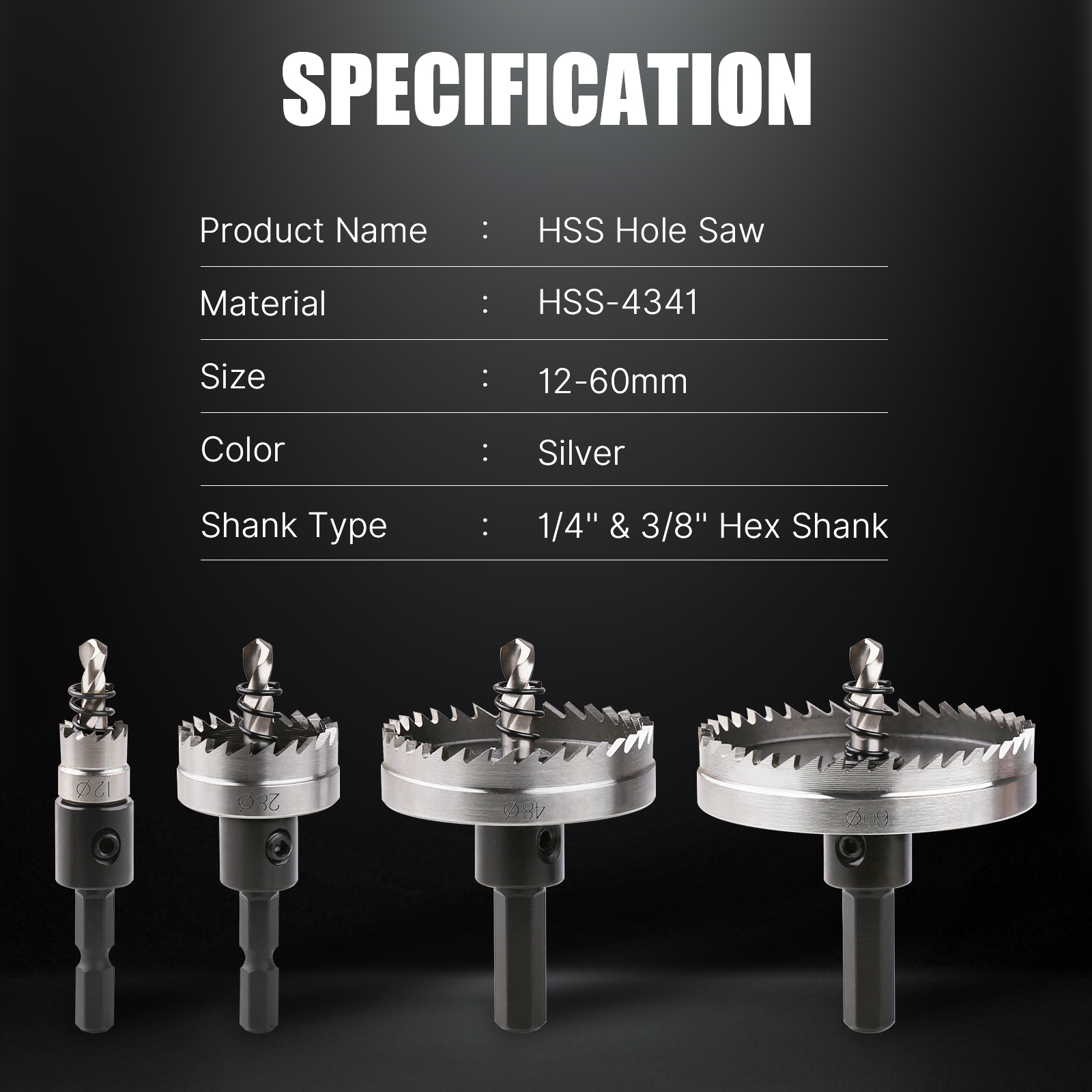 Versery 12-60mm HSS-4341 Hole Saw With Hex Shank High Speed Steel Drill Bit Set For Thin Metal Stainless Steel Plastic PVC