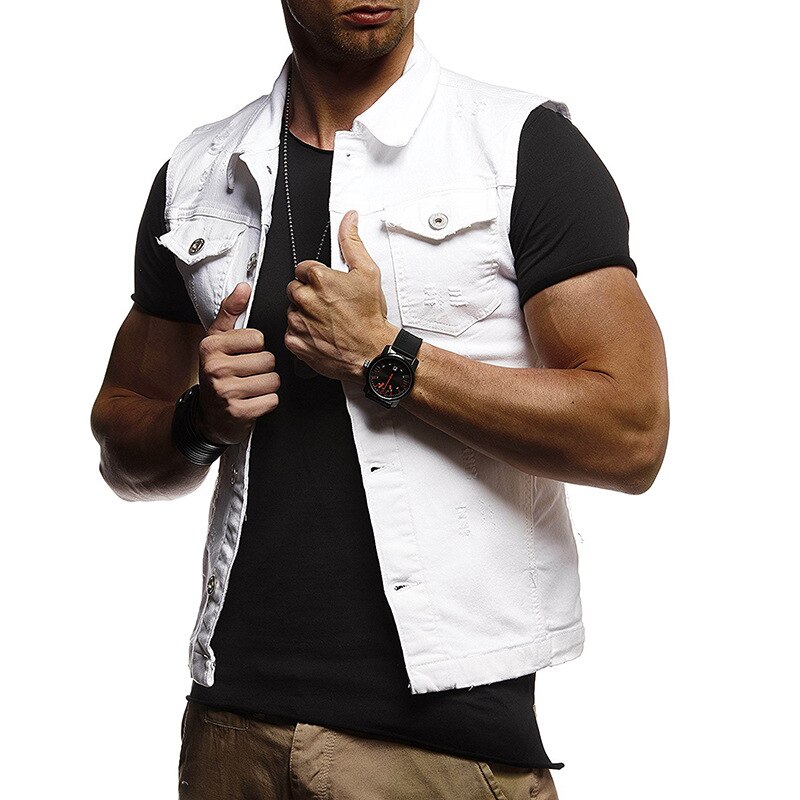 sleeveless denim vest men's trend solid color zipper denim jacket: White / M