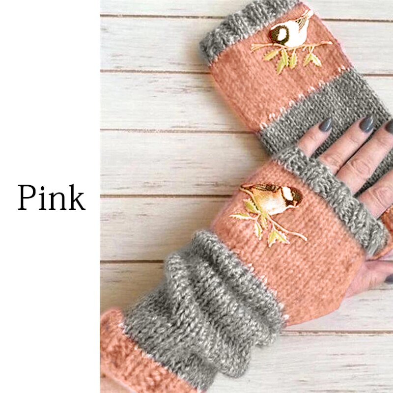 Naiset linnut kirjonta käsineet neulotut sormettomat plus sametti värilohko splice lapaset tytöt talvi käsineet joulu: Vaaleanpunainen