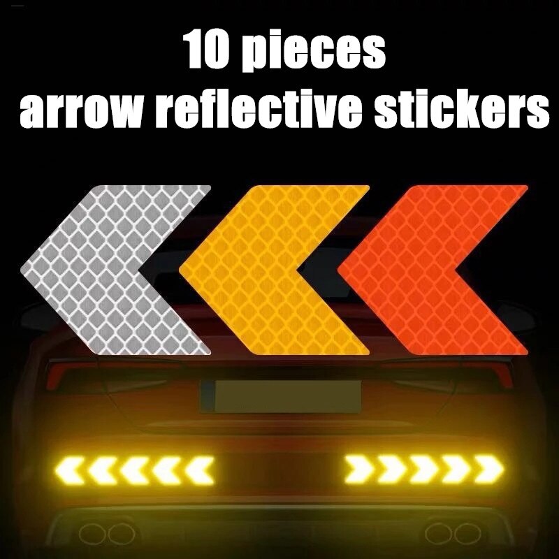 10 Pcs Car Reflective Sticker Warning Arrows Decoration Decals Car Motorcycle Tail Bar Bumper Sticker for Traffic Safety Mark