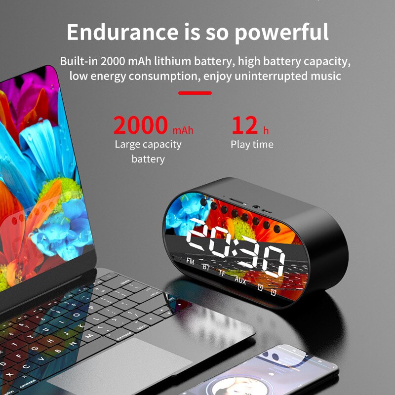 Draadloze klok, luidspreker, spiegel, led, dubbele wekker, bluetooth basluidspreker, usb, tf, aux, fm-radio, ingebouwde microfoon, luidspreker
