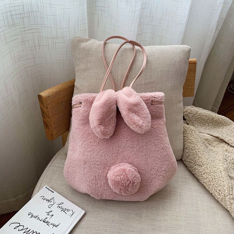 Søt plysj veske kvinnelig høst og vinter messenger bag skulder bunny ører plysj veske bærbar bøtte veske: Rosa