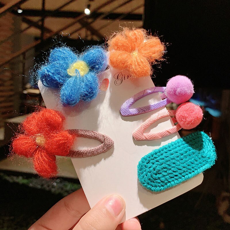 6 Stks/set Leuke Knit Bloem Baby Haar Clips Prinses Meisjes Bb Clip Pompom Kids Haarspelden Haarspeldjes Baby Haar Accessoires: Default Title