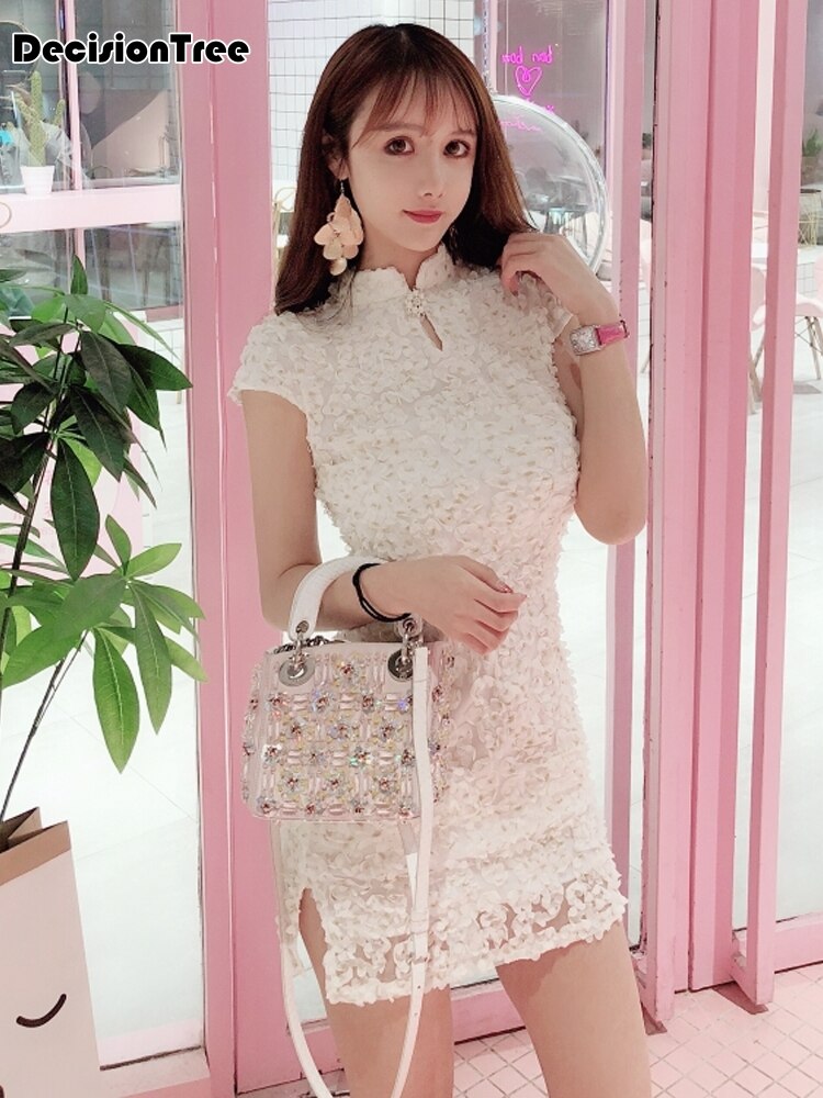 short cheongsam traditional chinese dress women modern qipao lattice cotton oriental style dresses Women Oriental dress