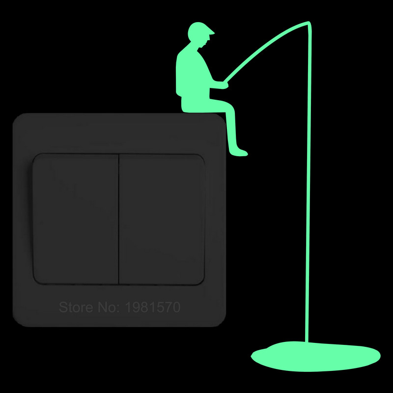 Glowing Man Fishing Light Switch Sticker Funny Cartoon Glow in the Dark Vinyl Wall Decoration Sticker Child Bedroom Home Decor