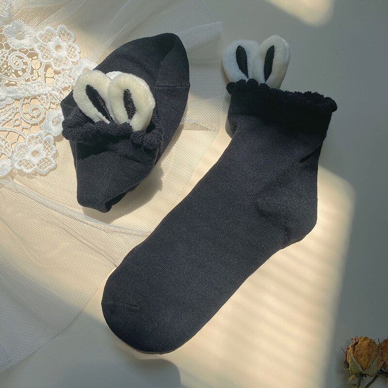 Japanse Magic Geborduurde Zachte Zus Konijn Oor, Mooie Haar Bollen Sok Kracht Meisje Sokken Vrouwelijke Studenten: Black Black ears