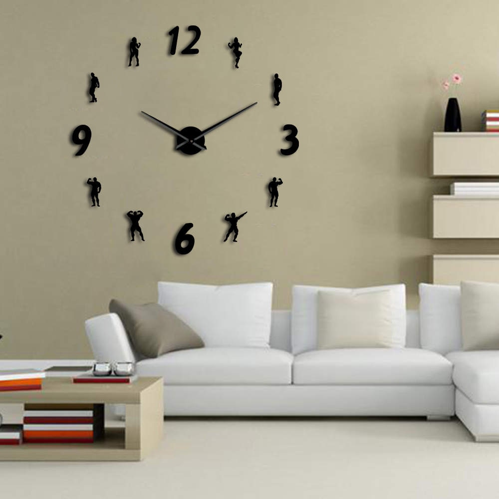 Reloj de pared grande para gimnasio, reloj de pared sin marco, habitación de Fitness moderna, 3D pegatina de pared, para entusiastas del reloj DIY para culturismo