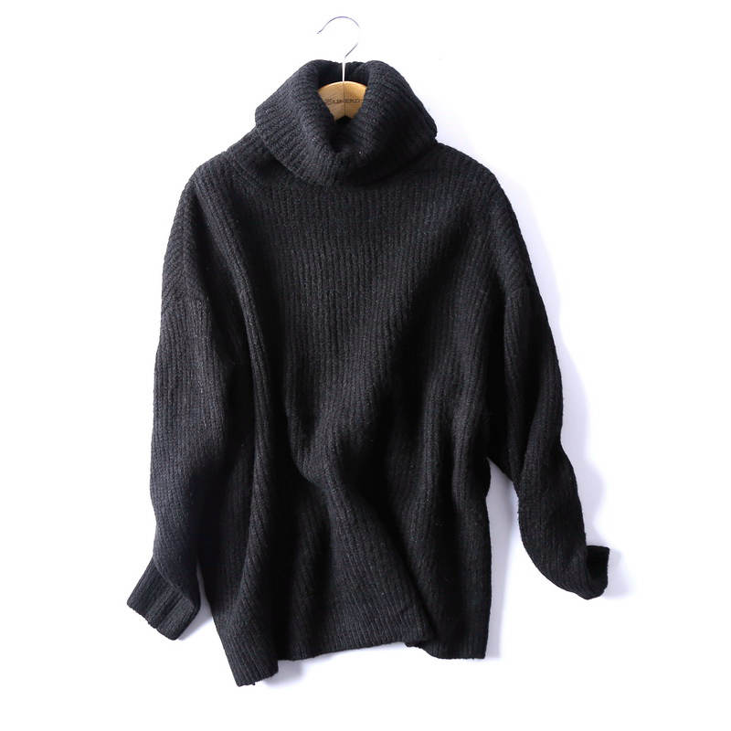 BIAORUINA Women Oversize Basic Knitted Turtleneck Sweater Female Solid Turtleneck Collar Pullovers Warm: Black / M