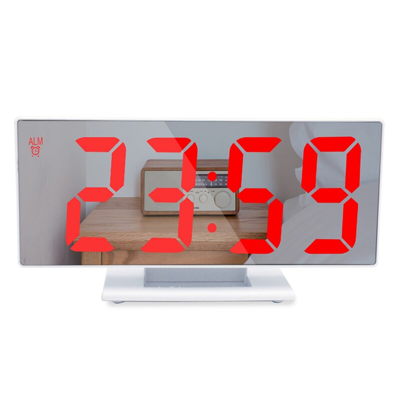LED Digital Alarm Clock Multifunction Mirror Snooze Display Time Night LCD Table Light Office USB Cable Digital Clock: White red words