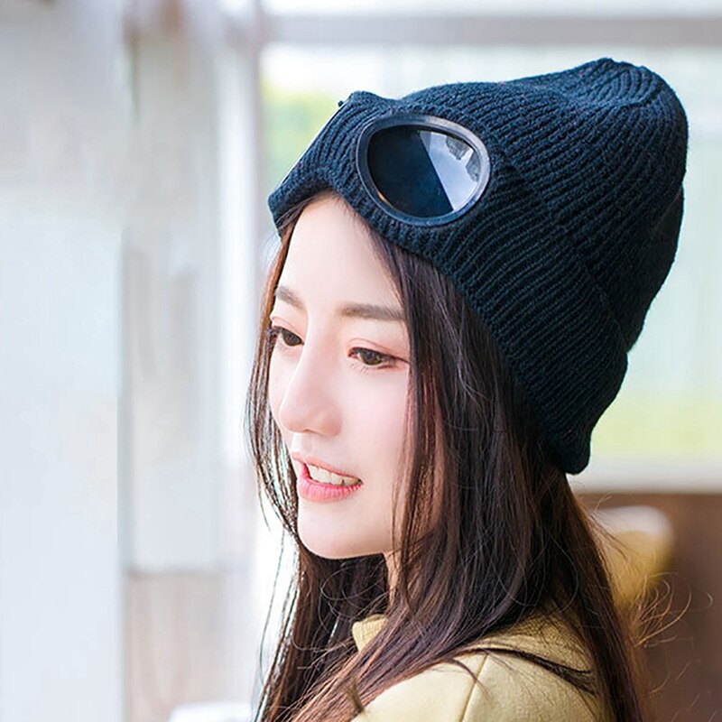 Glasses Hat Unisex Wool Knitted Goggles Beanie Thermal Fluffy Warm Cap Heat Keeper Ear Protector Men Women Hat Cap