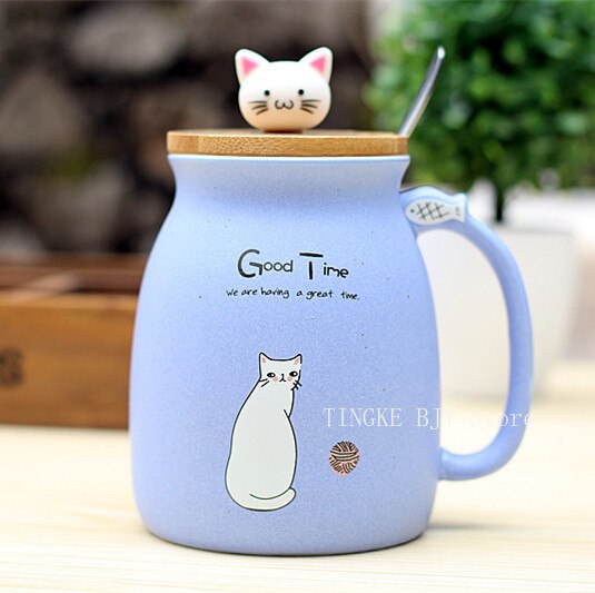 450ml Cartoon Ceramic Cute Cat Cup with Lid and Spoon Coffee Cup Home Milk Tea Cup Breakfast Cup Drink Novelty: Purple