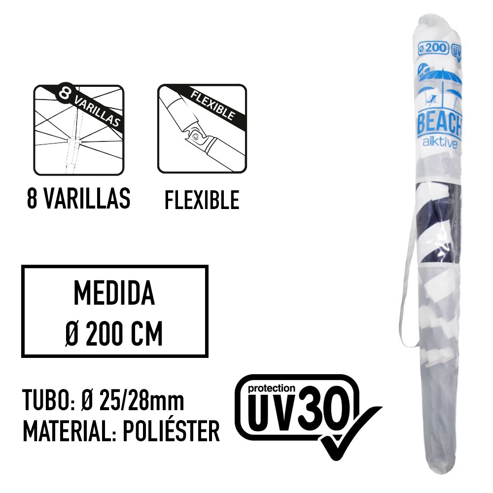 Sombrilla playa D200 cm con protección UV30 Aktive Beach