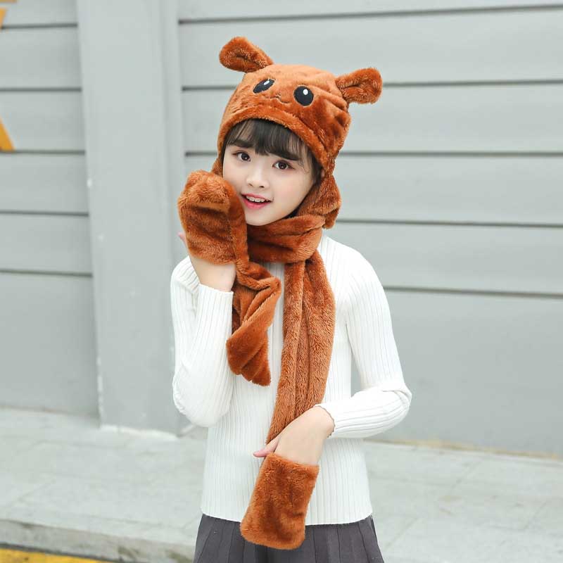 3 In 1 Sjaal Herfst Winter Warme Sjaal Vrouwen Studenten Vrouwelijke Winter Soft Hooded Leuke Sjaal Zakken Handschoenen Sjaals Hoed