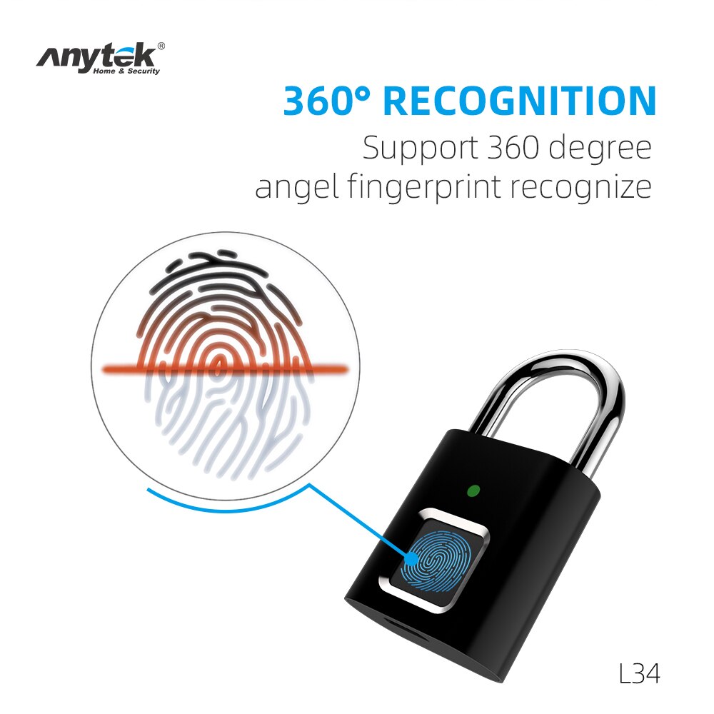 Anytek L34 Smart Fingerprint Lock USB Rechargeable Fingerprint Padlock Security Keyless Mini Door Luggage Finger Print Lock