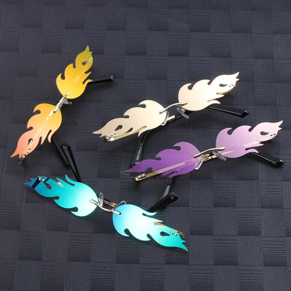 Punk zonnebril streetwear vleermuisvormige zonnebril dames randloos echte film lens  uv400 heren retro vuur vlam