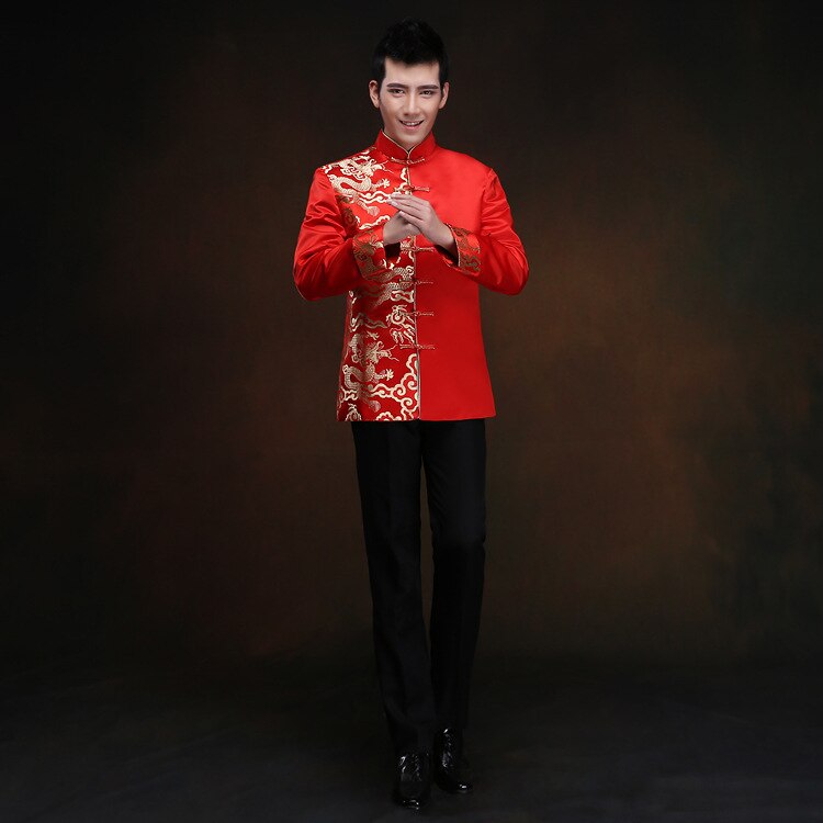 Czerwona tunika mężczyźni tradycyjny chiński mężczyzna orientalne męskie ubrania shanghai tang top cheongsam ślub chiński garnitur tang dla mężczyzn: Red2 / M