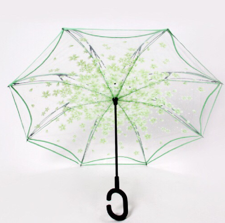Parapluie Transparent inversé Sakura pour femmes, Double couche, poignée en C, coupe-vent, parapluie pliable, équipement de pluie: Green