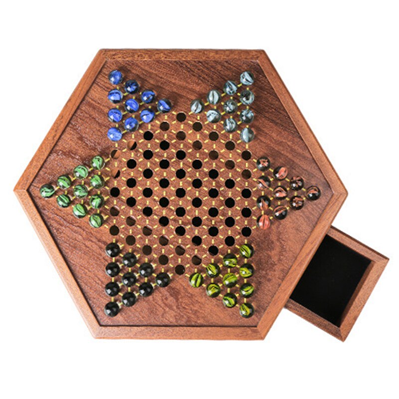 Juego de la familia juego de damas Hexagonal tipo cajonera damas canicas de vidrio de las Damas de madera tablero de adultos niños Interior de almacenamiento: Drawer type