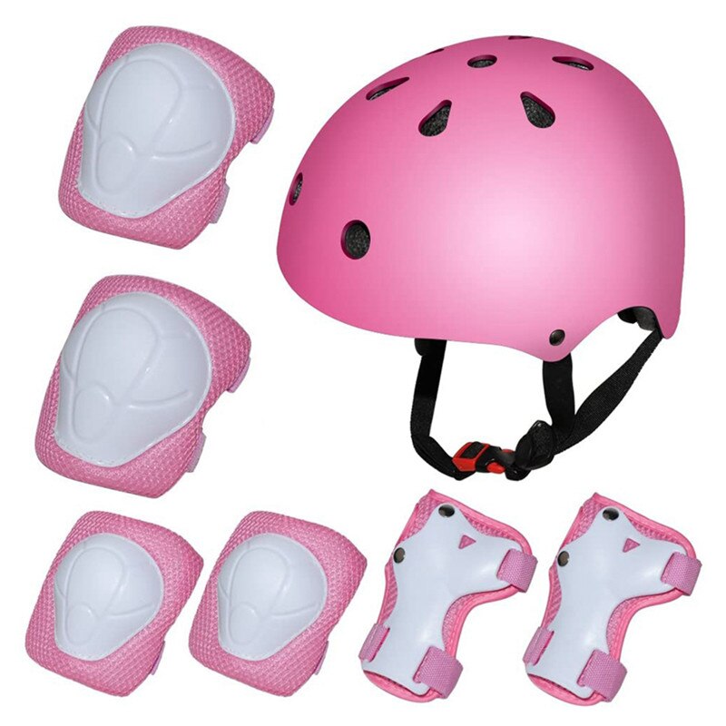 Casco de seguridad para niños, conjuntos de rodilleras para ciclismo, patines y rodilleras, Protector de 7 piezas para niños y niñas, deportes al aire libre: Rosa